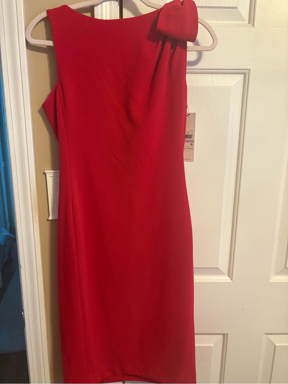 Calvin Klein Red  Sheath Dress with Shoulder Bow Accent